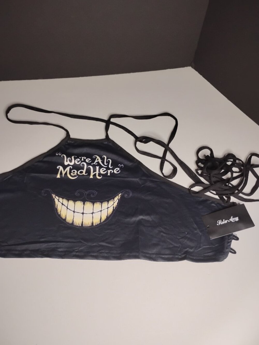 Alice in Wonderland Chesire Cat Smile We’re All Mad Here Black Backless Crop Top